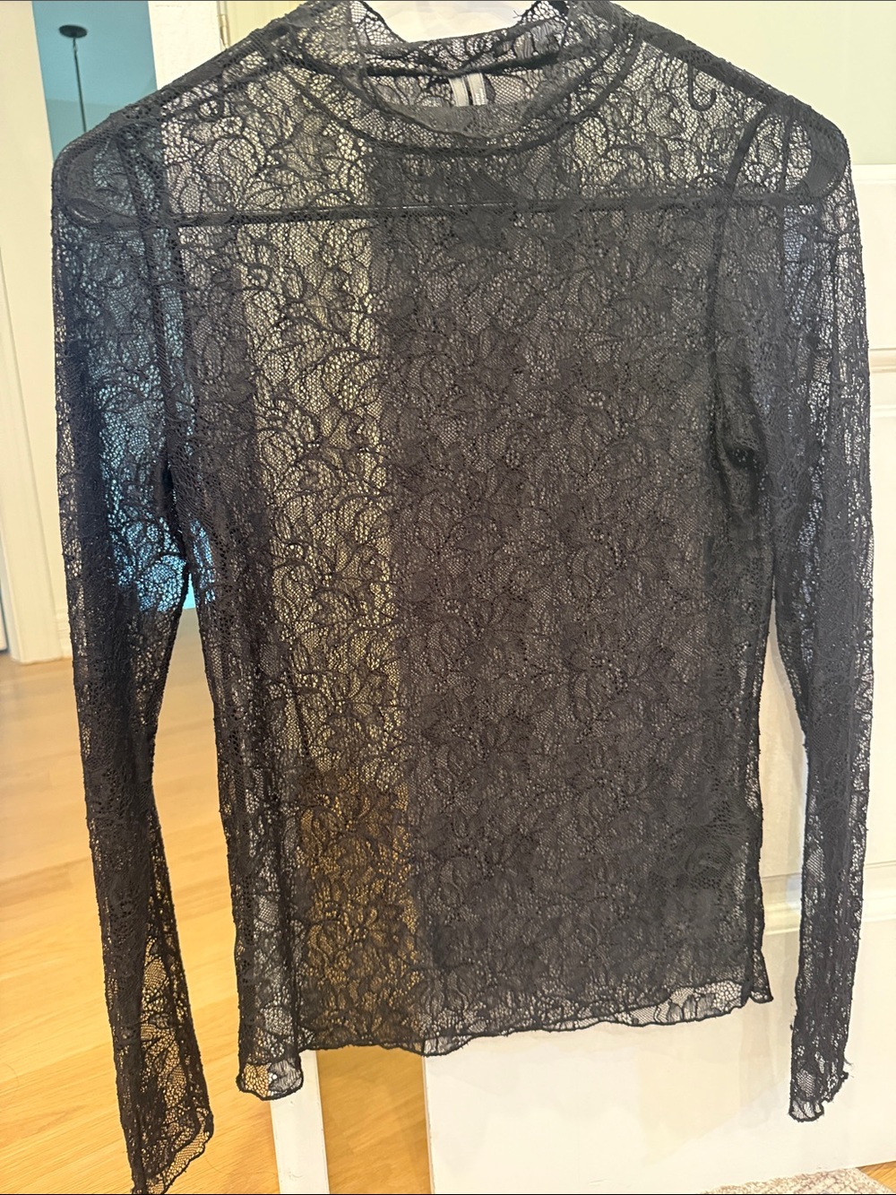 Anthropologie Black Sheer Floral Lace Long-Sleeve Top